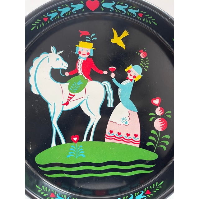 Vintage Scandinavian Folk Art Metal Tray W/ Horse For Sale In Boston - Image 6 of 7