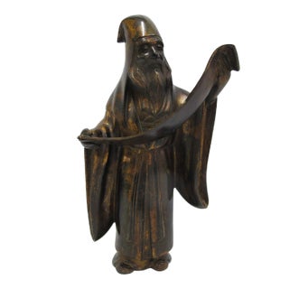 Japanese Bronze Old Man Figural Scholar With Scroll 13" Tall Statue Figurine For Sale