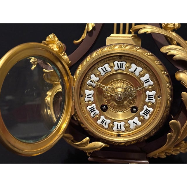 1840-1860 French Bronze Lyre Clock Louis XVI Style, Bronze/Marble For Sale - Image 15 of 18