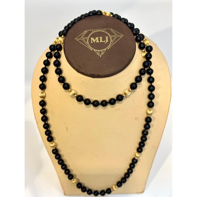 Black Round Bead Black Onyx & 14 Karat Gold Bead Necklace For Sale - Image 8 of 8