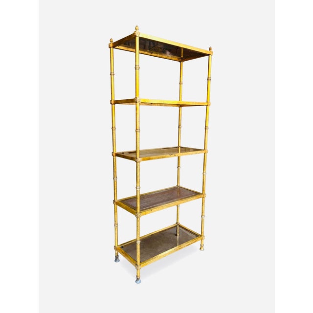 Mid 20th Century Vintage Italian Gold Gilt Faux Bamboo Étagère – Hollywood Regency Metal Bookcase With Smoked Glass & Cane Shelves For Sale - Image 5 of 9
