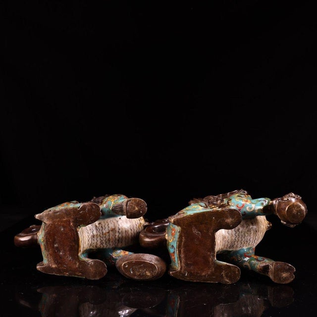 Mid 20th Century Pair of Gilt Cloisonne Enamel Qilin Figures – 7.9" Mythical Beast Statues For Sale - Image 5 of 10