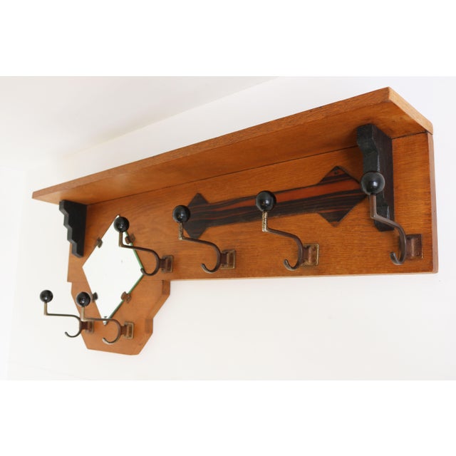 Wood Dutch Art Deco Coat Rack with Beveled Mirror in Oak, 1930 For Sale - Image 7 of 10