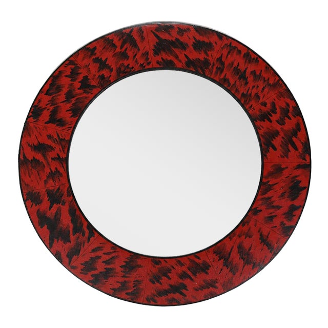 Vintage Circular Red Hand Painted Tortoiseshell Mirror Frame For Sale
