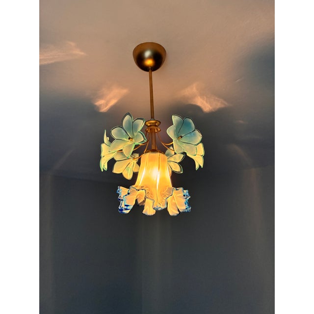 Glass Vintage Custom Hand-Painted Italian Murano Style Light Blue Floral Pendant - Restored For Sale - Image 7 of 17