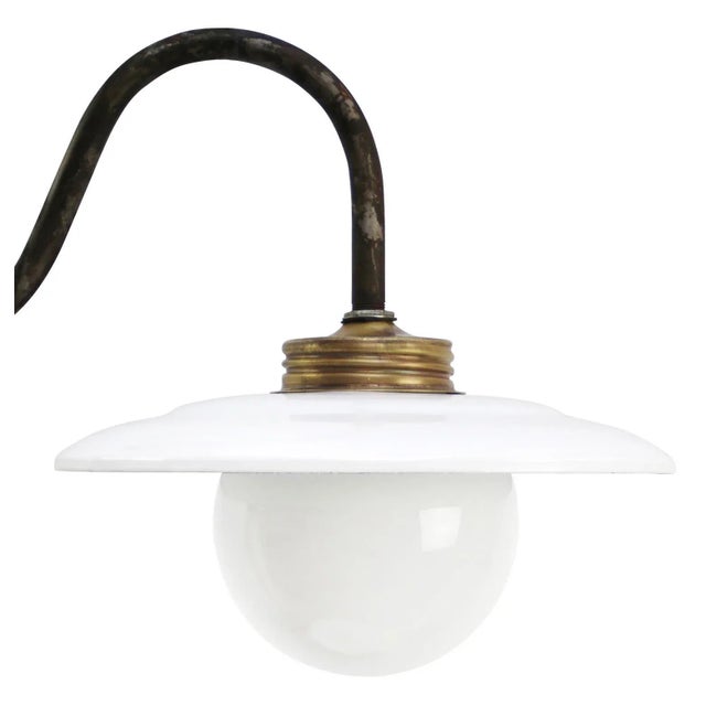 Vintage Industrial White Enamel, Brass and White Opaline Wall Light For Sale - Image 5 of 8