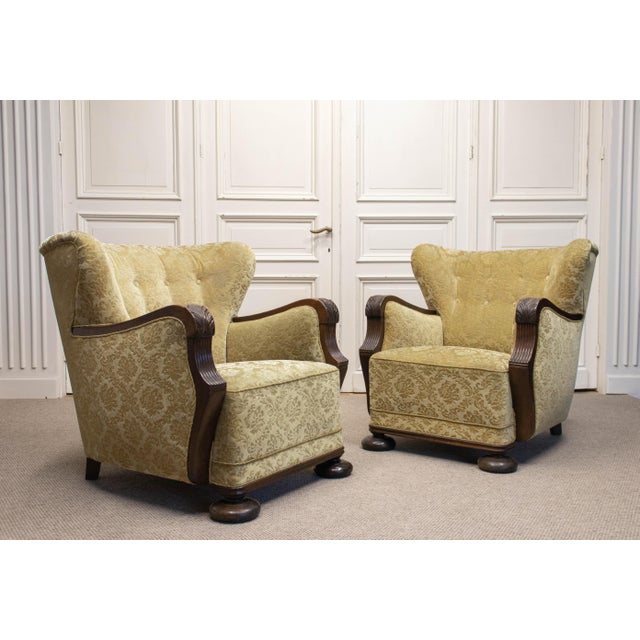 Vintage Swedish Wingback Chairs with Golden Velvet and Carved Oak Armrests, 1920s, Set of 2 For Sale - Image 3 of 11