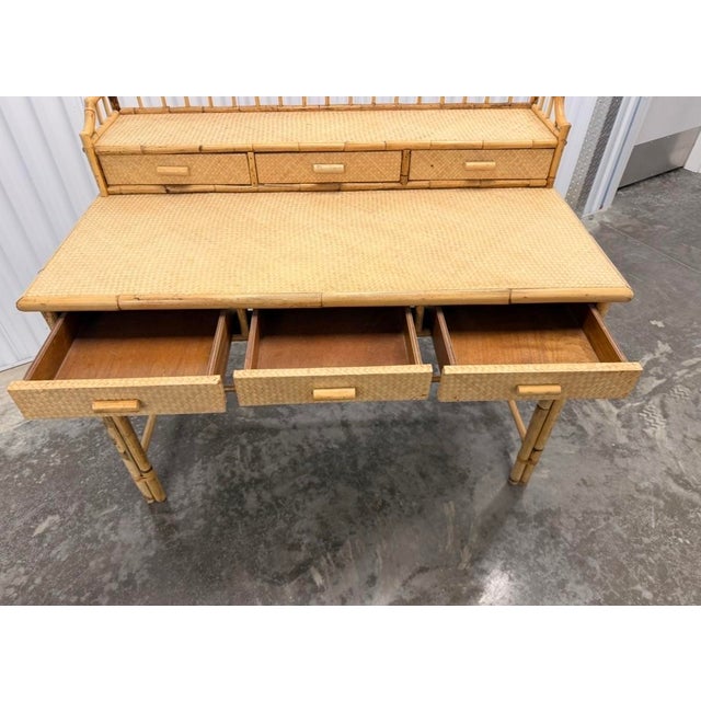 Wood Vintage British Colonial Burnt Bamboo and Grasscloth Desk For Sale - Image 7 of 10