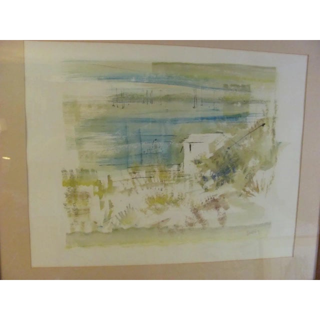 Lovely Bermuda beachscape by Alfred Birdsey (1912 - 1996). Signed lower right. The stylized image is of a beach dune shack...