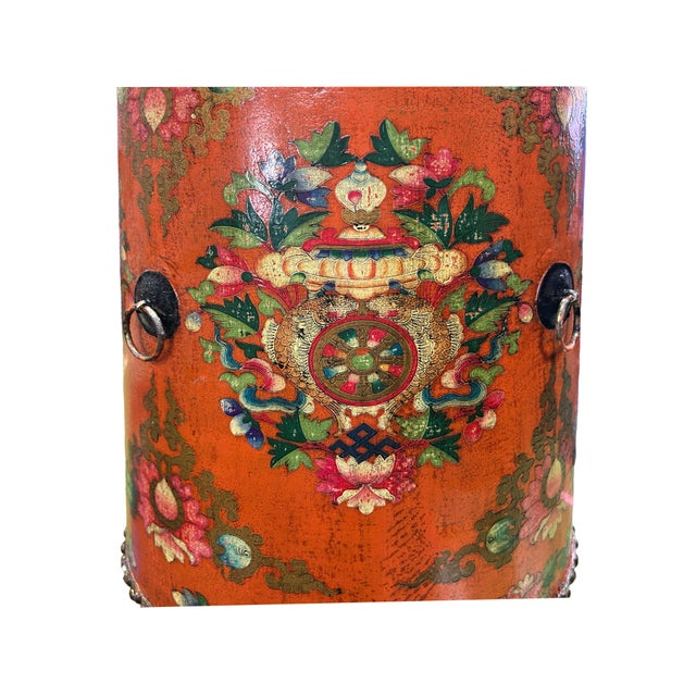 Orange Distressed Orange Tibetan Style Jewel Tower Graphic Round Drum Table For Sale - Image 8 of 8