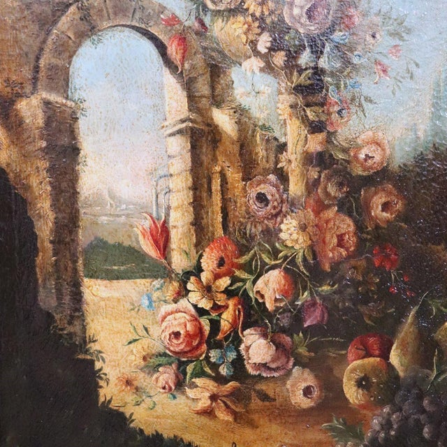 Still Life with Flowers, Fruits and Architectural Elements, 1800s, Oil Painting on Canvas, Framed For Sale - Image 9 of 16
