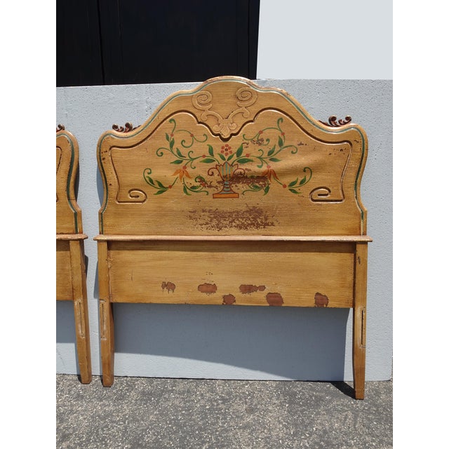 Pair Vintage French Provincial Hand Painted Gold Floral Twin Headboards W Rails For Sale - Image 11 of 17