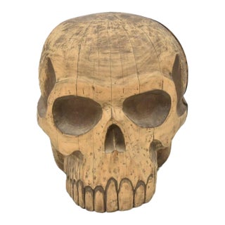 1940s Large Folk Art Skull Wood Carving For Sale