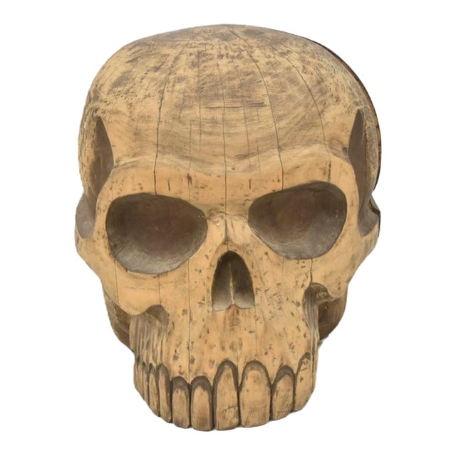 1940s Large Folk Art Skull Wood Carving For Sale