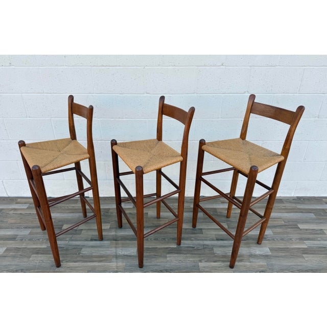 1970s Set of 6 Danish Modern Style Solid Wood Bar Stools With Woven Rush Seats For Sale In Los Angeles - Image 6 of 12