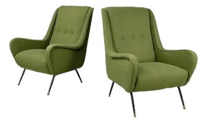 Mid-Century Modern Italian Armchairs in Green Fabric, Black Metal and Brass, 1950s, Set of 2