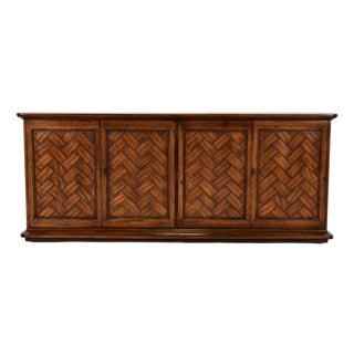 Henredon Mid-Century Modern Carved Walnut Parquet Front Sideboard Credenza or Bar Cabinet, 1970s For Sale