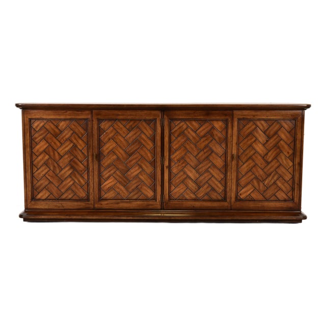 Henredon Mid-Century Modern Carved Walnut Parquet Front Sideboard Credenza or Bar Cabinet, 1970s For Sale
