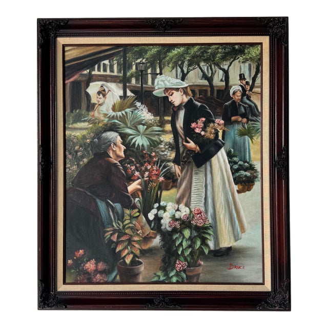 1970s Vintage Bruce Figurative Floral Market Scene Oil on Canvas Painting For Sale