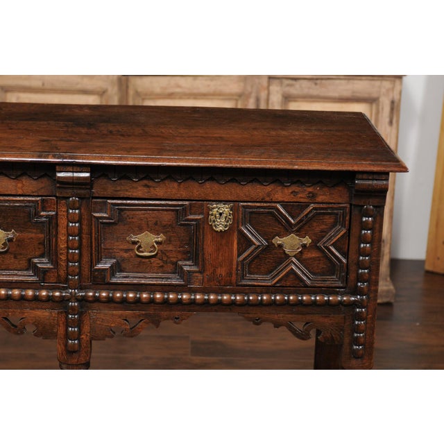 English 1870s Oak Dresser Base with Carved Geometric Front and Two Drawers For Sale - Image 4 of 12