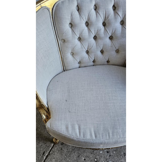 1920s French Gilt Wood Louis XV Style, Fauteuil Marquise Pair of Chairs, Tufted Chairs For Sale - Image 17 of 18