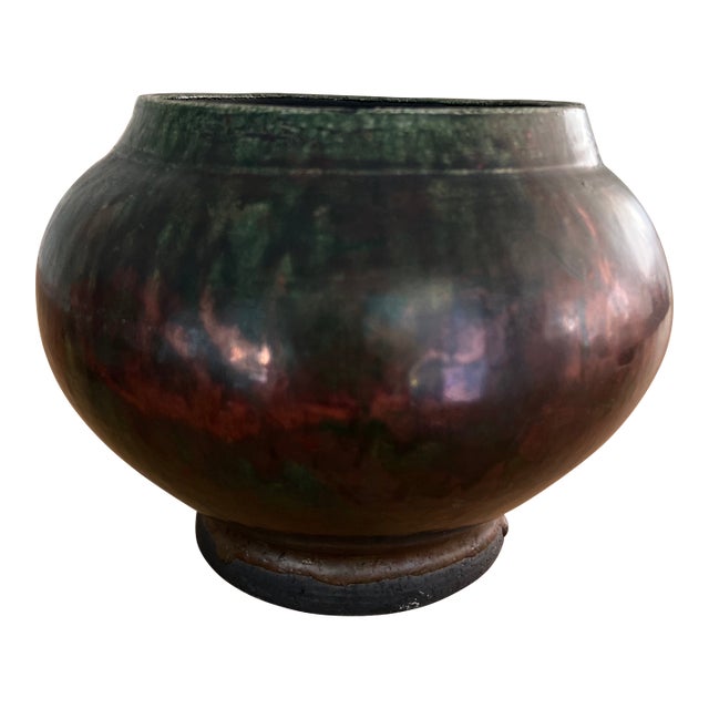 Vintage Raku Studio Pottery Vessel With Drop Green Iridescent Glaze For Sale