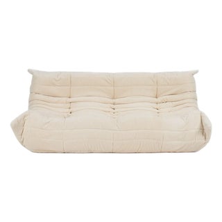 Original Ligne Roset Togo Set in Vanilla Corduroy: 3-Seater Sofa, Corner Chair & Ottoman For Sale