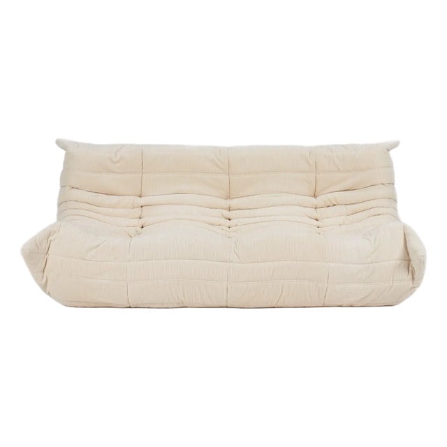 Original Ligne Roset Togo Set in Vanilla Corduroy: 3-Seater Sofa, Corner Chair & Ottoman For Sale