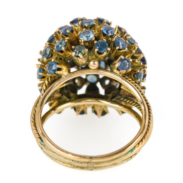 Metal 10k Yellow Gold Blue Topaz Cluster Ball Cocktail Ring Vintage For Sale - Image 7 of 7