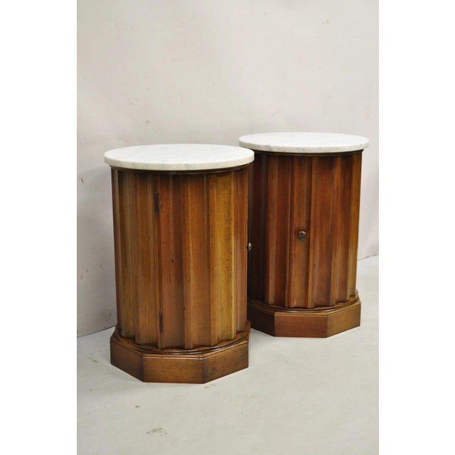 Vintage French Empire Style Round Marble Top Mahogany Reeded Column Form Pedestal Cabinet End Tables - a Pair. Item...