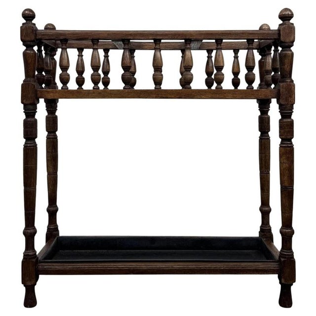 Antique English Edwardian Umbrella and Stick Stand in Oak, 1900s For Sale - Image 9 of 10