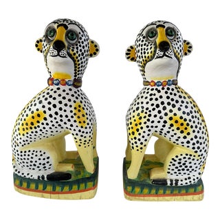 A Pair of 1970s Hand Carved Hand Painted Cheetah Decor / Book Ends For Sale