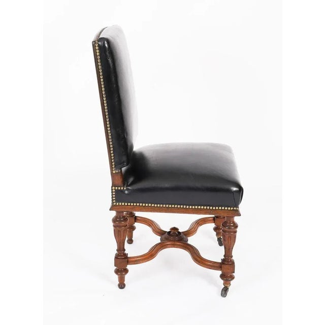 Antique French Walnut and Black Leather Dining Chairs, 19th Century, Set 12 For Sale - Image 3 of 13