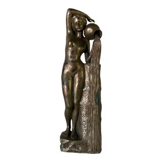 French Art Deco Silver Plated Bronze Naked Woman Sculpture For Sale
