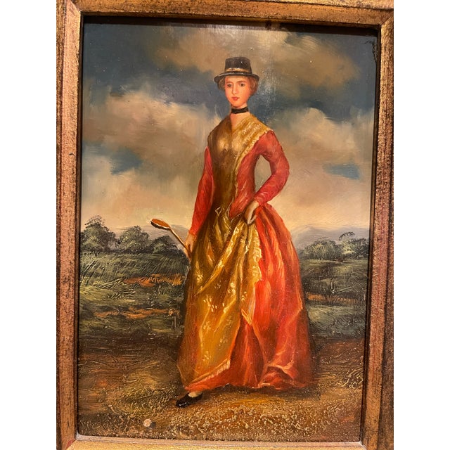Late 20th Century Lady Golfing: Gold Framed Oil on Wood Painting For Sale - Image 9 of 9