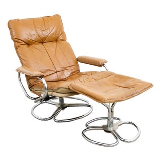 1960s Mid Century Danish Modern Lounge Chair Tan Leather Skoghaug Ottoman Recliner For Sale