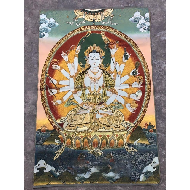 Chinese Mid 20th Century Xizang Embroidery and Brocade Thangka Buddha Painting - Wrathful Deity Protector Wall Art - Hand Painted Buddhist Sacred Scroll For Sale - Image 3 of 6