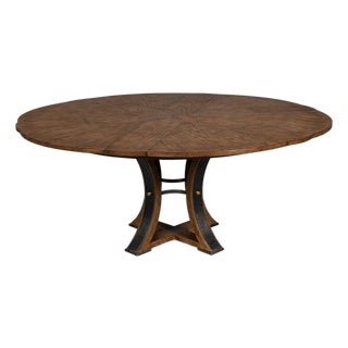 Transitional Round Dining Table, Medium - Light Brown Oak With Hammered Iron Accents For Sale