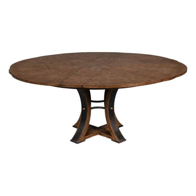Transitional Round Dining Table, Medium - Light Brown Oak With Hammered Iron Accents For Sale