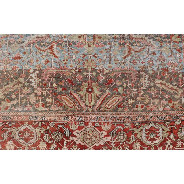 Persian Antique Serapi Rug With All-Over Geometric Design in Gray-Blue and Red For Sale - Image 11 of 14