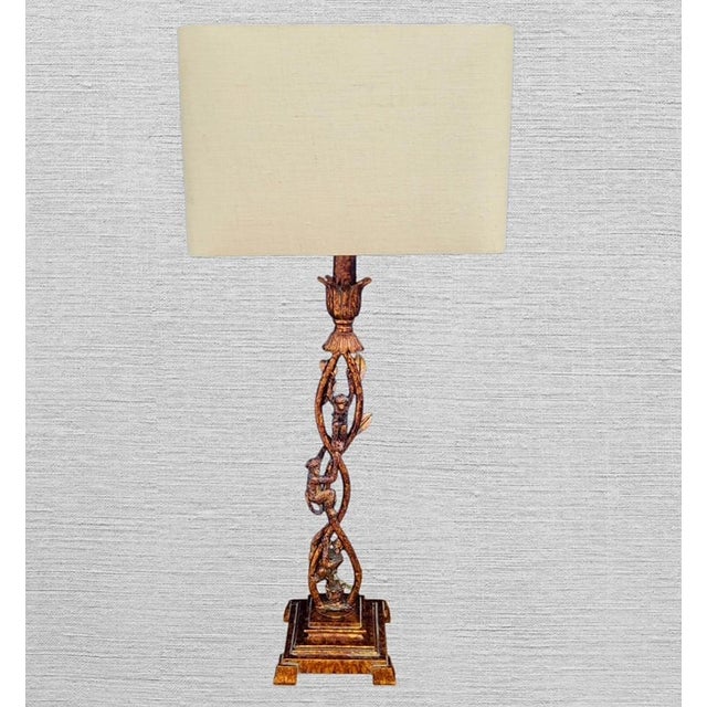 Metal Vintage Tall Tortoiseshell Finish 3 Monkeys Climbing Table Lamp With Rectangular Shade For Sale - Image 7 of 9