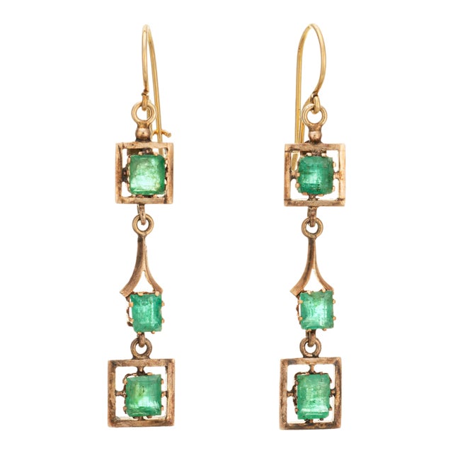 60s Vintage Emerald Drop Earrings 14k Yellow Gold Estate Heirloom Jewelry, A Pair For Sale