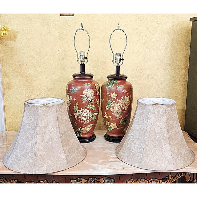 Vintage Burgundy Floral Chinoiserie Ceramic Ginger Jar Table Lamps With Shades - Pair For Sale - Image 14 of 18