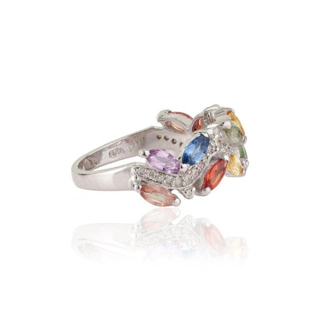 Nature Inspired Multi-Sapphire Leaf & Diamond Cluster Ring in Sterling Silver, Us Size 6.5 For Sale - Image 6 of 16