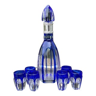 Baccarat Cobalt Cut-to-Clear Crystal and 950 Silver Liqueur Set, 1910, Set of 7 For Sale