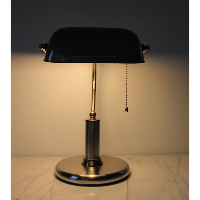 Vintage Art Deco Bankers Stainless Steel & Brass Desk Lamp For Sale - Image 4 of 12