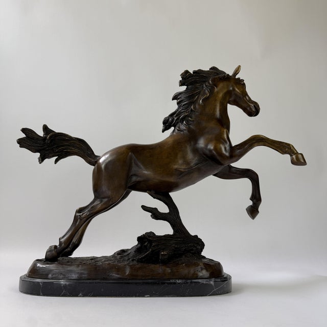 Metal Late 20th Century Bronze Rearing Horse Sculpture on Marble Base, 21” H – Dynamic Equestrian Statue For Sale - Image 7 of 10