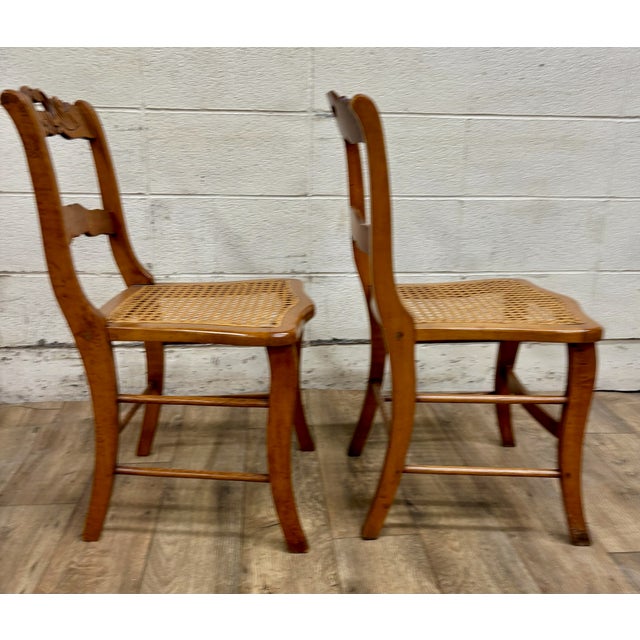 Brown Antique Carved Walnut Ladderback Cane Seat Carved Dining Chairs - Pair For Sale - Image 8 of 11