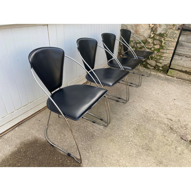 Vintage Linda Armchairs in Black Leather and Chromed Steel Frame by Arrben, 1980s, Set of 4 For Sale - Image 10 of 18