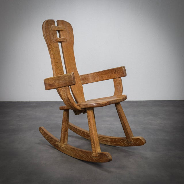 Brutalist Oak Rocking Chair by De Puydt, 1970s For Sale - Image 9 of 9